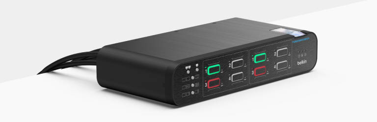 Image of a Belkin MultiClave switch, a black rectangular secure KVM device featuring multiple USB ports with illuminated status indicators on the front panel