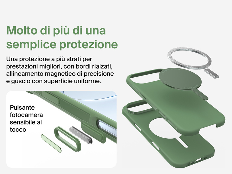 Immagine della custodia Belkin SheerForce Protect Series per iPhone 17 che evidenzia la compatibilit&agrave; con MagSafe e Qi2 per un aggancio magnetico potente a caricabatterie e altri accessori.