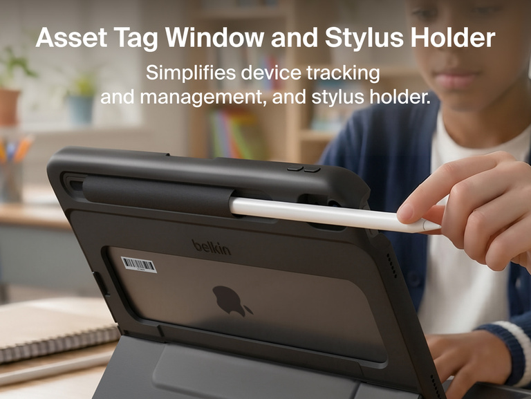 USB-C Keyboard Folio with Display Hub for iPad detail showing the asset tag window and integrated stylus holder.