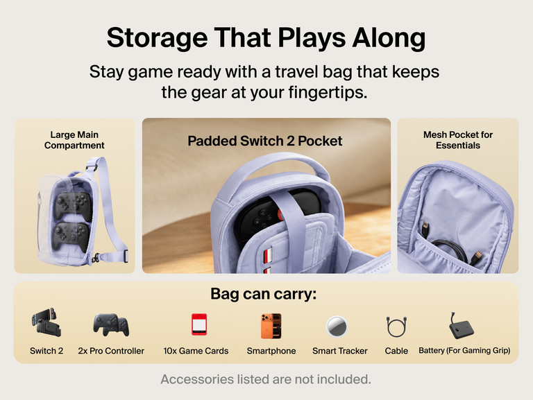 Belkin Gaming Travel Bag for Nintendo Switch 2 features a padded console pocket, mesh accessory storage, and room for controllers, cables, and game cards.