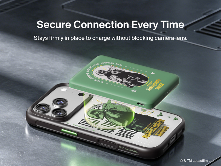 Belkin BoostCharge Slim Magnetic Power Bank 5K shown magnetically aligned between a smartphone and wallet accessory, demonstrating precise magnetic ring for secure attachment and camera-safe design.