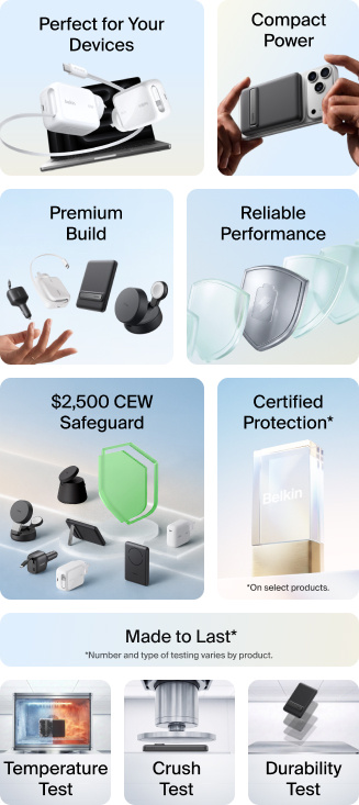 Belkin travel power collection: perfect for devices, compact power, premium build, reliable performance, $2,500 CEW safeguard, certified protection, made to last - temperature, crush, and durability tested.