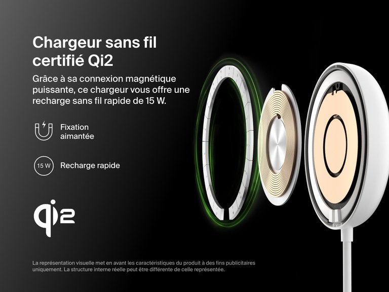 Vue éclatée d’une station de recharge sans fil blanche Belkin BoostCharge Pro avec Qi2 (15 W) mettant en avant ses composants internes et sa certification Qi2, sa capacité de recharge rapide et sa fixation aimantée puissante.
