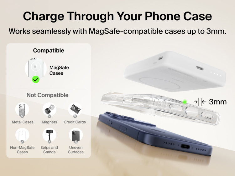 Slim Magnetic Power Bank 10K with Qi2 hovering above smartphone with case demonstrating compatibility and magnetic alignment