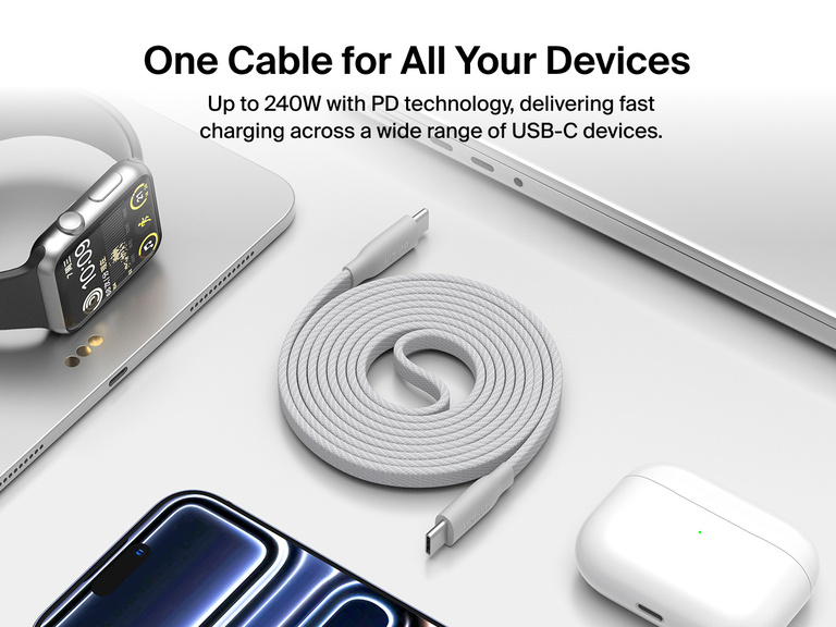 Belkin BoostCharge Pro Magnetic USB-C Cable 240W shown with multiple USB-C devices, providing up to 240W Power Delivery fast charging for phones, laptops, and accessories.
