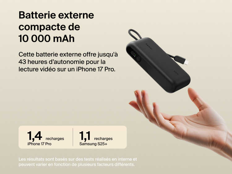 Belkin UltraCharge 10K power bank with integrated USB-C cable and digital display, delivering up to 45W fast charging and extended battery life for smartphones