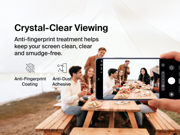 Belkin ScreenForce Titan EcoGuard Privacy Filter Screen Protector for Samsung Galaxy S26 shown delivering crystal-clear viewing with anti-fingerprint coating and anti-dust adhesive to help keep the display clean, clear, and smudge-free.
