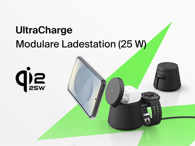 Die Belkin UltraCharge modulare Ladestation mit Qi2 25W erm&ouml;glicht schnelles induktives Laden kompatibler Smartphones, Smartwatches und In-Ear-Kopfh&ouml;rer in einer kompakten modularen Konstruktion.