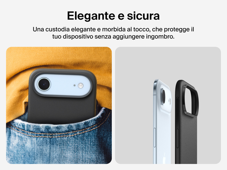 Immagine della custodia Belkin SheerForce Protect Series per iPhone 17 con pulsante touch per la fotocamera e design a strati per garantire un aggancio magnetico ottimale e una protezione durevole.
