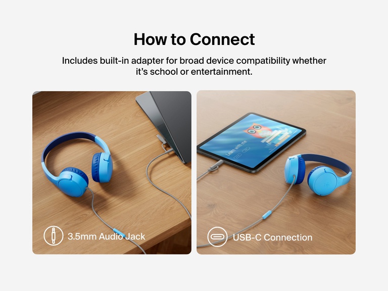 Side-by-side images showing Belkin Wired On-Ear Headphones for Kids connected to a laptop via 3.5mm audio jack and to a tablet via USB-C, demonstrating broad device compatibility.