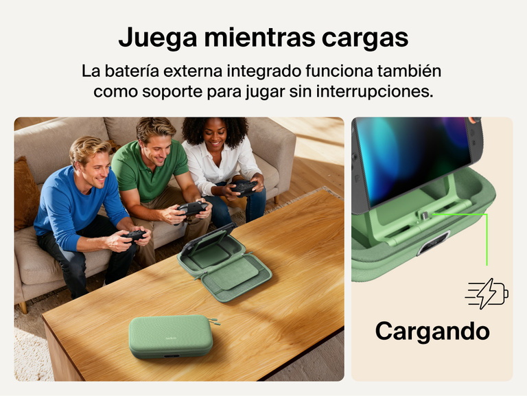 Belkin Gaming Charging Case Pro for Nintendo Switch 2 shown playing while charging with built-in power bank stand enabling uninterrupted tabletop gameplay.