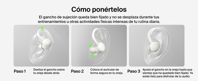 Belkin SoundForm ActiveFit Wireless Earbuds with secure hook design, shown in a step-by-step guide for wearing during workouts and daily use.