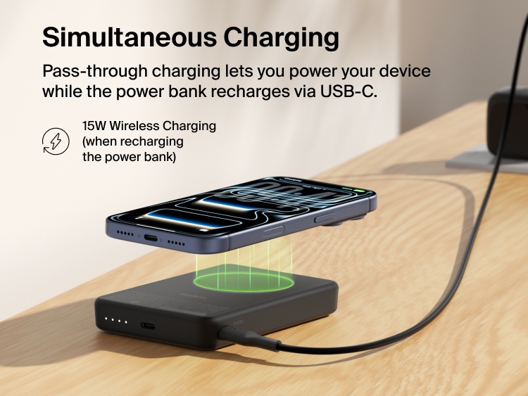 Slim Magnetic Power Bank 10K with Qi2 wirelessly charging smartphone while recharging via USB-C pass-through connection