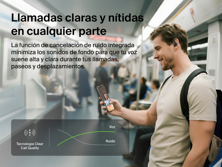 Belkin SoundForm ActiveFit Wireless Earbuds with clear call quality technology and built-in noise reduction, shown on a commuter using them on a subway train.