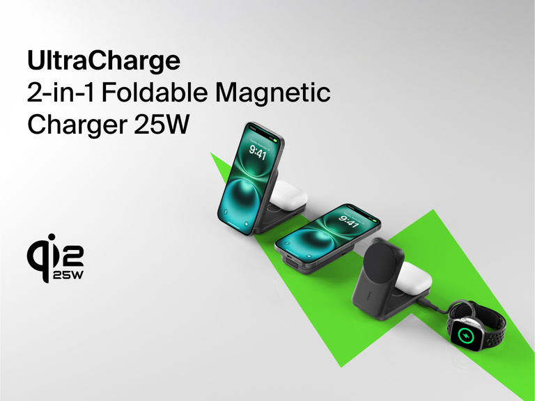 Belkin UltraCharge 2-in-1 Foldable Magnetic Charger with Qi2 25W shown charging iPhone, AirPods, and Apple Watch on a sleek, compact stand.