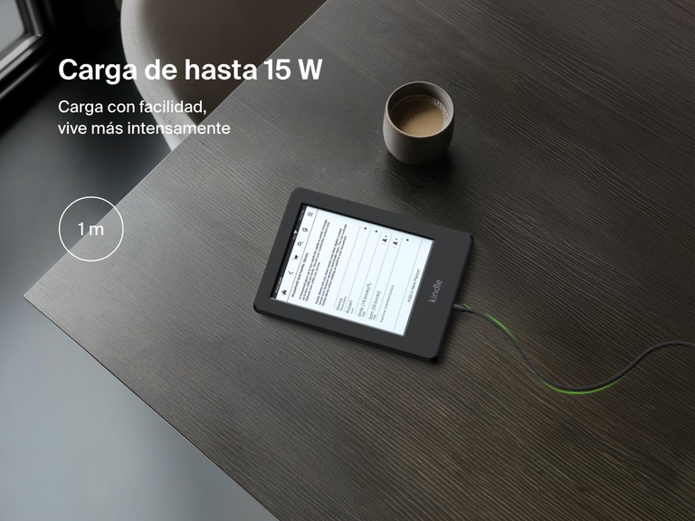 Top-down view of a Kindle charging with the Belkin BoostCharge USB-C to Micro-USB Braided Cable 15W, emphasizing 1-meter length and up to 15W charging speed.