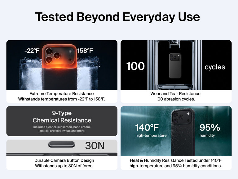 Belkin Protect Series Case for iPhone 18 tested for extreme temperatures, abrasion, chemical exposure, camera button durability, heat, and humidity resistance.