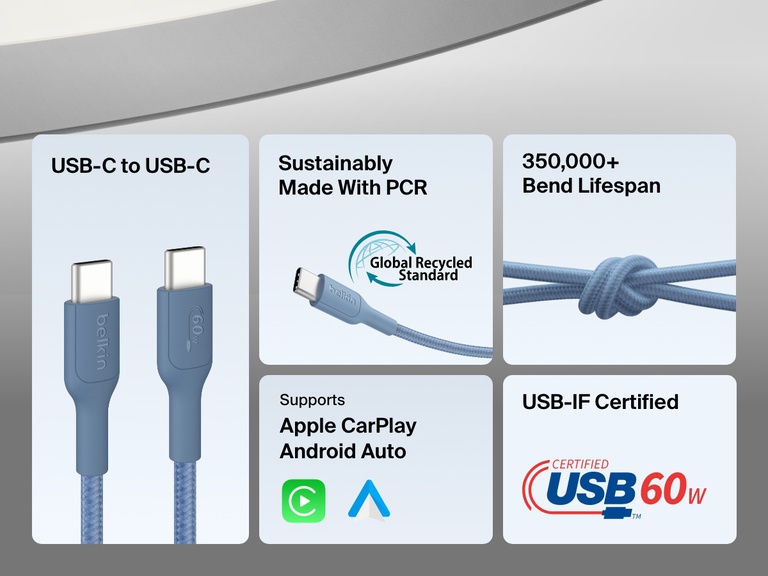 Belkin BoostCharge Pro Braided USB-C to USB-C Cable 60W features a durable design with 350,000+ bend lifespan, USB-IF certification, PCR materials, and support for Apple CarPlay and Android Auto.