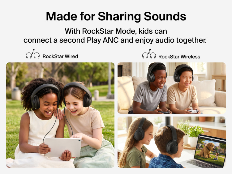 Children wearing SoundForm Play Active Noise Cancelling Headphones for Kids together outdoors and indoors, demonstrating RockStar Mode for sharing audio between two wired or wireless headphones