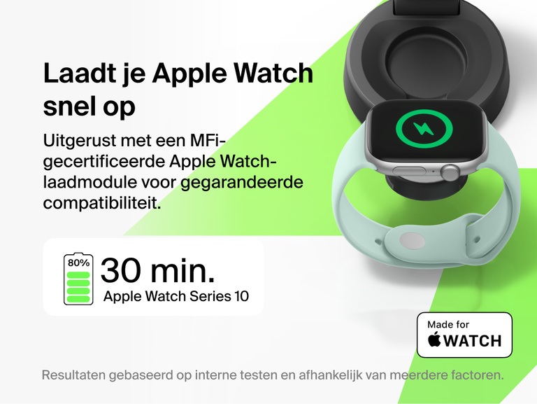 De Belkin UltraCharge Pro 2-in-1 verstelbare magnetische lader met Qi2 25W laadt een Apple Watch snel op tot 80% in ongeveer 30 minuten met een MFi-gecertificeerde laadmodule.