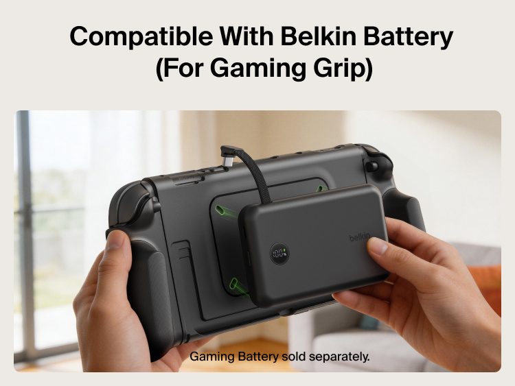 Belkin Gaming Grip for Nintendo Switch 2 is compatible with the Belkin Gaming Battery, enabling magnetic attachment for extended gaming sessions.