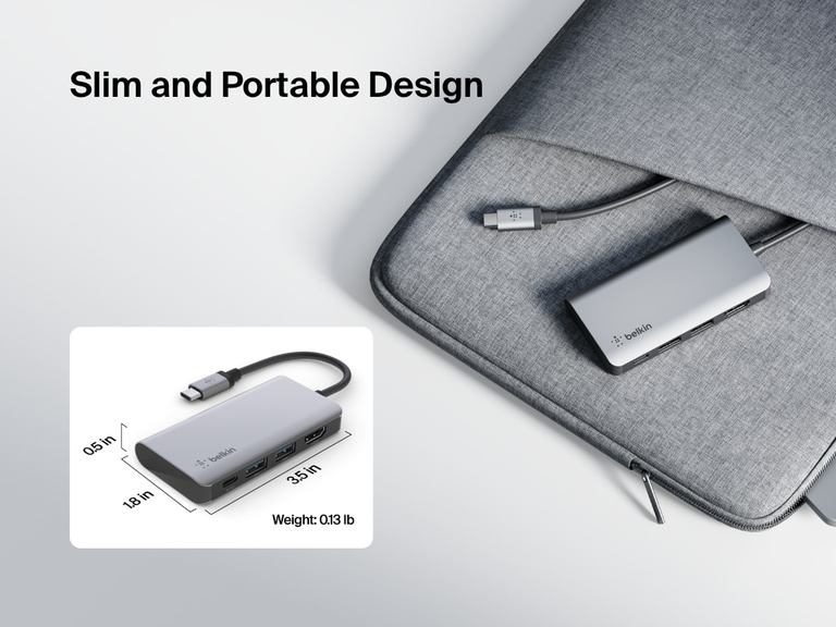 Belkin Connect USB-C 4-in-1 Multiport Adapter is shown resting on a gray laptop sleeve with callouts highlighting its slim, portable design, dimensions of 3.5 x 1.8 x 0.5 inches, and lightweight build at 0.13 lb.
