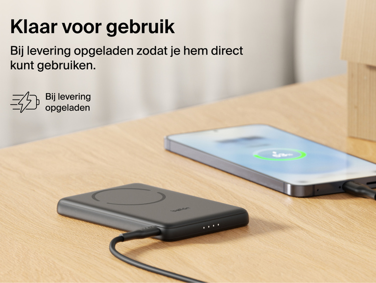 Belkin BoostCharge Slim Magnetic Power Bank 5K with Qi2 shown precharged and ready to deliver fast, portable wired or magnetic wireless charging straight out of the box.