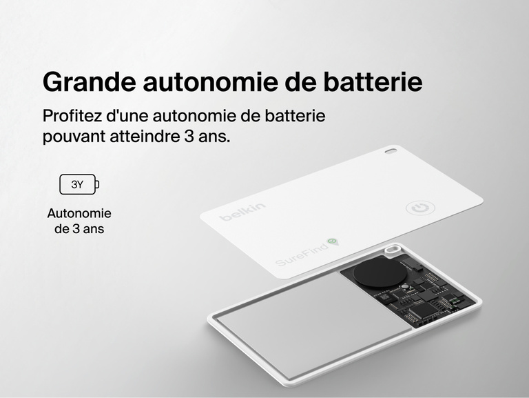 Image de la carte Blutooth Belkin&nbsp;SureFind avec la mention de garantie 3&nbsp;ans, et illustr&eacute; par une vue d&eacute;taill&eacute;e de ses composants internes.