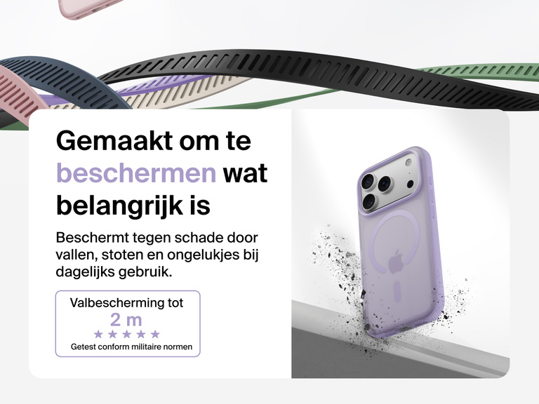 Belkin SheerForce Grip Series Case for iPhone 17 shown with textured grip and impact protection against drops.