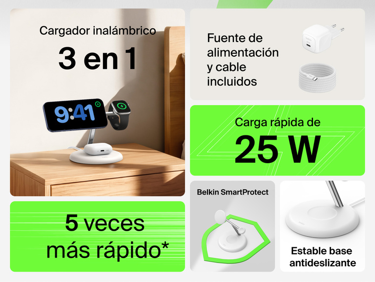 Belkin UltraCharge 3-in-1 Wireless Charging Stand with Qi2 25W showcasing compact design with integrated Apple Watch charger and earbuds dock