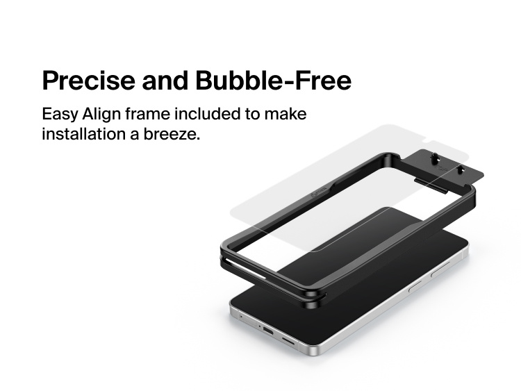 Belkin ScreenForce Titan EcoGuard Red Light Screen Protector for Samsung Galaxy S26 shown with Easy Align frame for precise, bubble-free installation and accurate screen coverage.