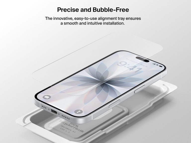 Belkin ScreenForce TemperedGlass Screen Protector with precise, bubble-free installation using an easy-to-use alignment tray for flawless iPhone protection.