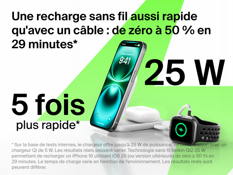 Socle de recharge 2-en-1 aimanté et pliable Belkin UltraCharge avec Qi2 25 W rechargeant un iPhone, des AirPods et une Apple Watch jusqu'à 50 % en 29 minutes, des performances sans fil 5 fois plus rapides.
