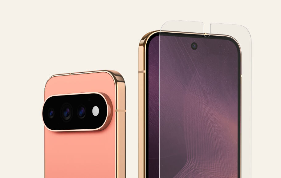 Google Pixel phone with a clear screen protector aligned over the display.
