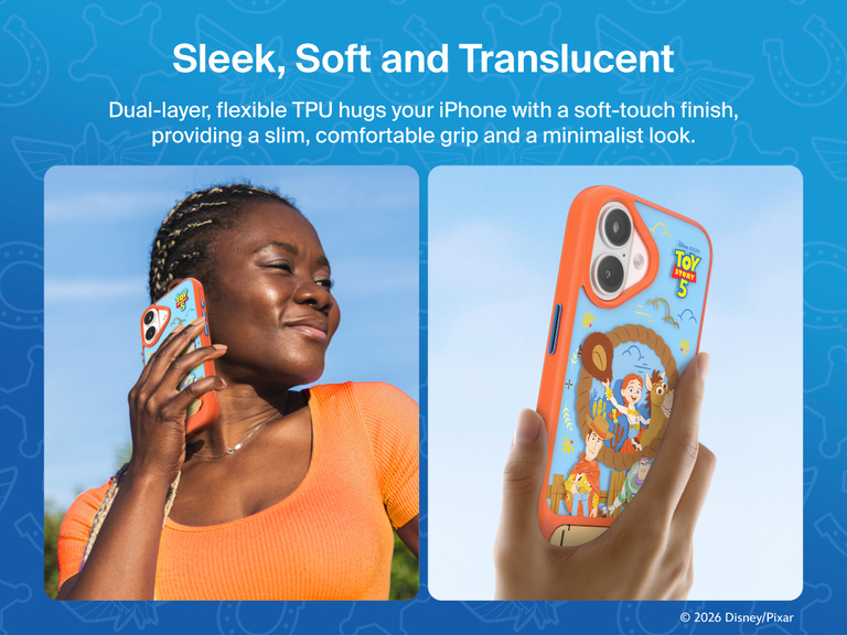Belkin SheerForce Toy Story 5 Magnetic Protective Case with Kickstand for iPhone showcasing a slim dual-layer design, soft-touch grip, and translucent finish.