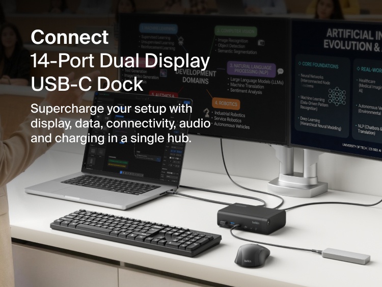 Universal 14-Port Dual Display USB-C Dock connected to laptop and dual monitors in a desk setup for multitasking