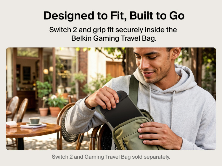 Belkin Gaming Charging Grip for Nintendo Switch 2 fits securely inside the Belkin Gaming Travel Bag for portable gaming on the go.