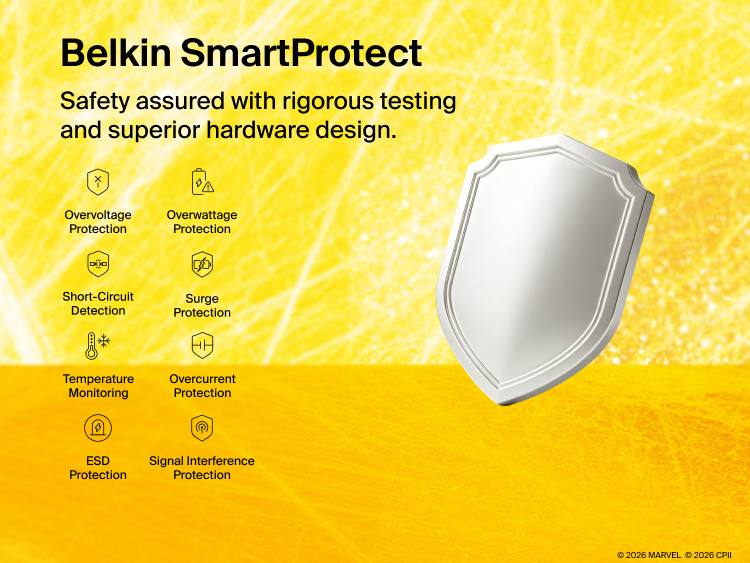 Belkin UltraCharge Retractable GaN Wall Charger 67W with built-in retractable USB-C cable featuring SmartProtect safety system with overvoltage, surge, temperature, and short-circuit protection.