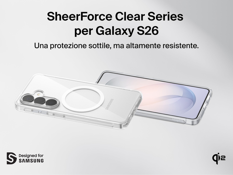 Belkin SheerForce Clear Series Case for Samsung Galaxy S26 shown on phone, featuring a slim, protective clear design with raised edges, precise cutouts, and Qi2 wireless charging compatibility.