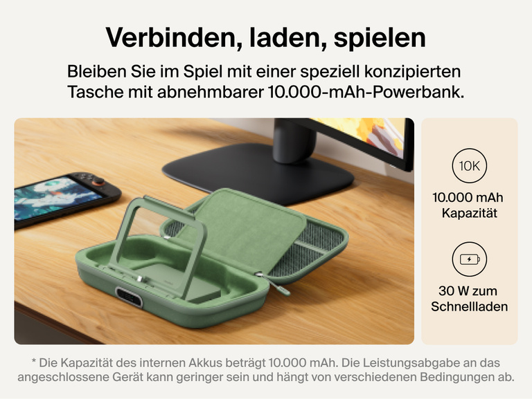 Belkin Gaming Charging Case Pro for Nintendo Switch 2 shown with detachable 10,000 mAh power bank, flip-up stand, and 30W fast charging for extended connected gameplay.