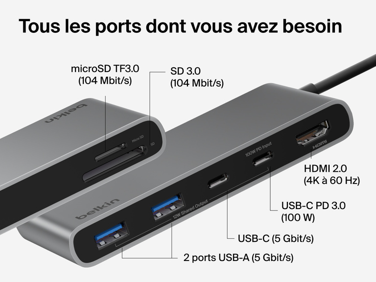Belkin Connect 7-Port USB-C Hub with Dual USB-C Ports showing HDMI, USB-C PD, USB-A, SD, and microSD slots labeled with speeds and power output.