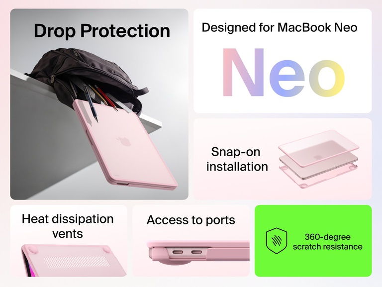 Hard Shell Case for MacBook Neo with drop protection, scratch resistance, heat vents, port access, and snap-on installation
