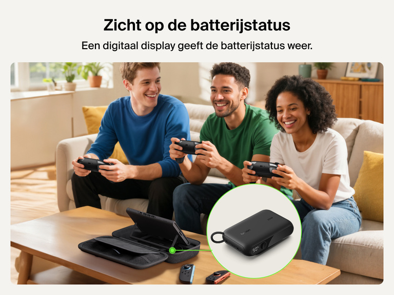 Een groep vrienden gamen op hun Nintendo Switch 2-consoles terwijl een Belkin Gaming opberghoes met powerbank een console oplaadt. Een close-up van het digitale display laat zien dat het batterijniveau 90% is.
