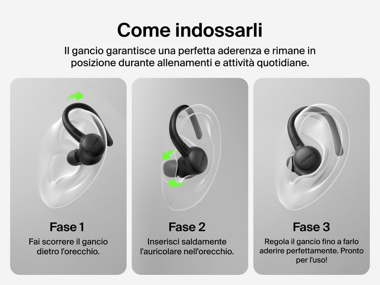 Belkin SoundForm ActiveFit Wireless Earbuds with physical button and smart touch controls for volume, playback, calls, EQ presets, and multipoint pairing.