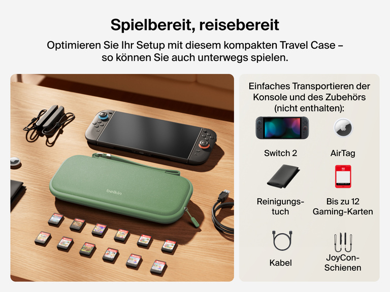 Belkin Gaming Travel Case for Nintendo Switch 2 displayed on a table with compatible accessories including game cards, cables, JoyCon rails, AirTag, and cleaning cloth (all sold separately).