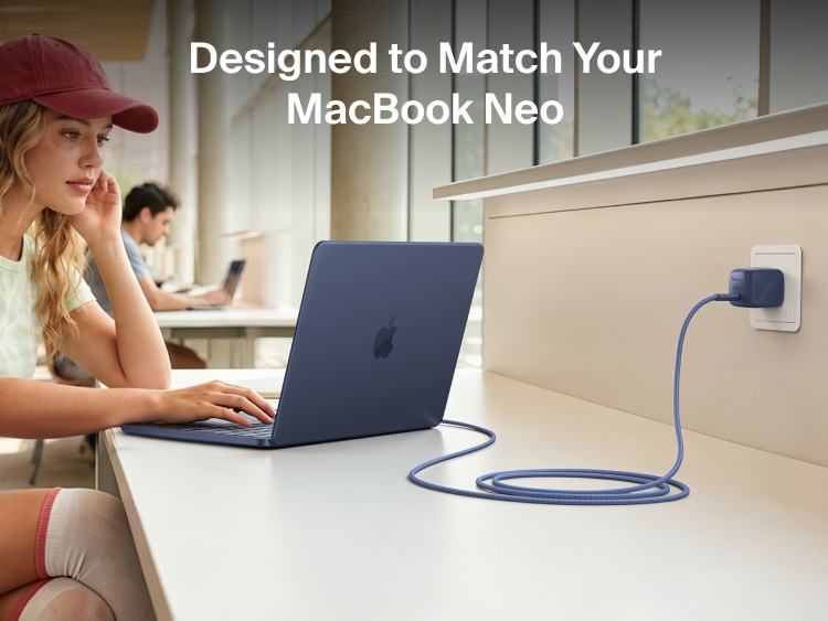 Person using a MacBook Neo connected to the Belkin BoostCharge Compact USB-C Charger 30W and braided USB-C cable at a study desk.