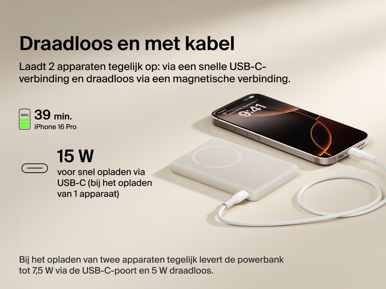 Belkin BoostCharge Slim Magnetic Power Bank 5K shown charging a smartphone via USB-C, highlighting 15W fast charging and dual wired or magnetic wireless power capability.