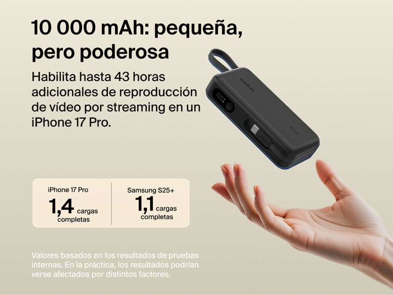 Belkin UltraCharge 10K power bank with integrated USB-C cable and digital display, delivering up to 45W fast charging and extended battery life for smartphones