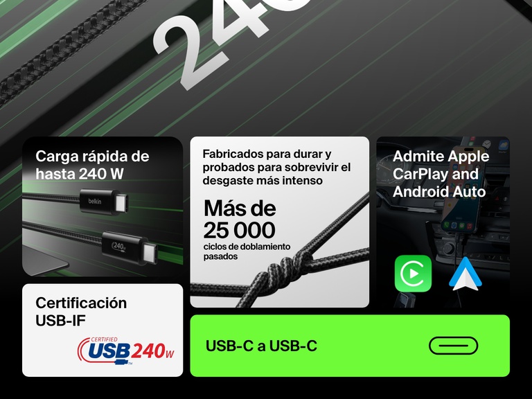 Infografía en la que se destaca el cable Belkin BoostCharge de USB-C a USB-C de 240 W con carga rápida de hasta 240 W, durabilidad de más de 20 000 doblamientos, compatibilidad con Apple CarPlay y Android Auto, y certificación USB-IF.
