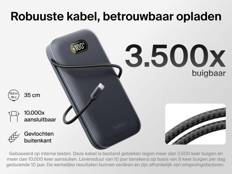 UltraCharge Pro Laptop Power Bank 27K with durable braided USB-C cable designed for 3,500 bend lifespan and reliable high-capacity charging